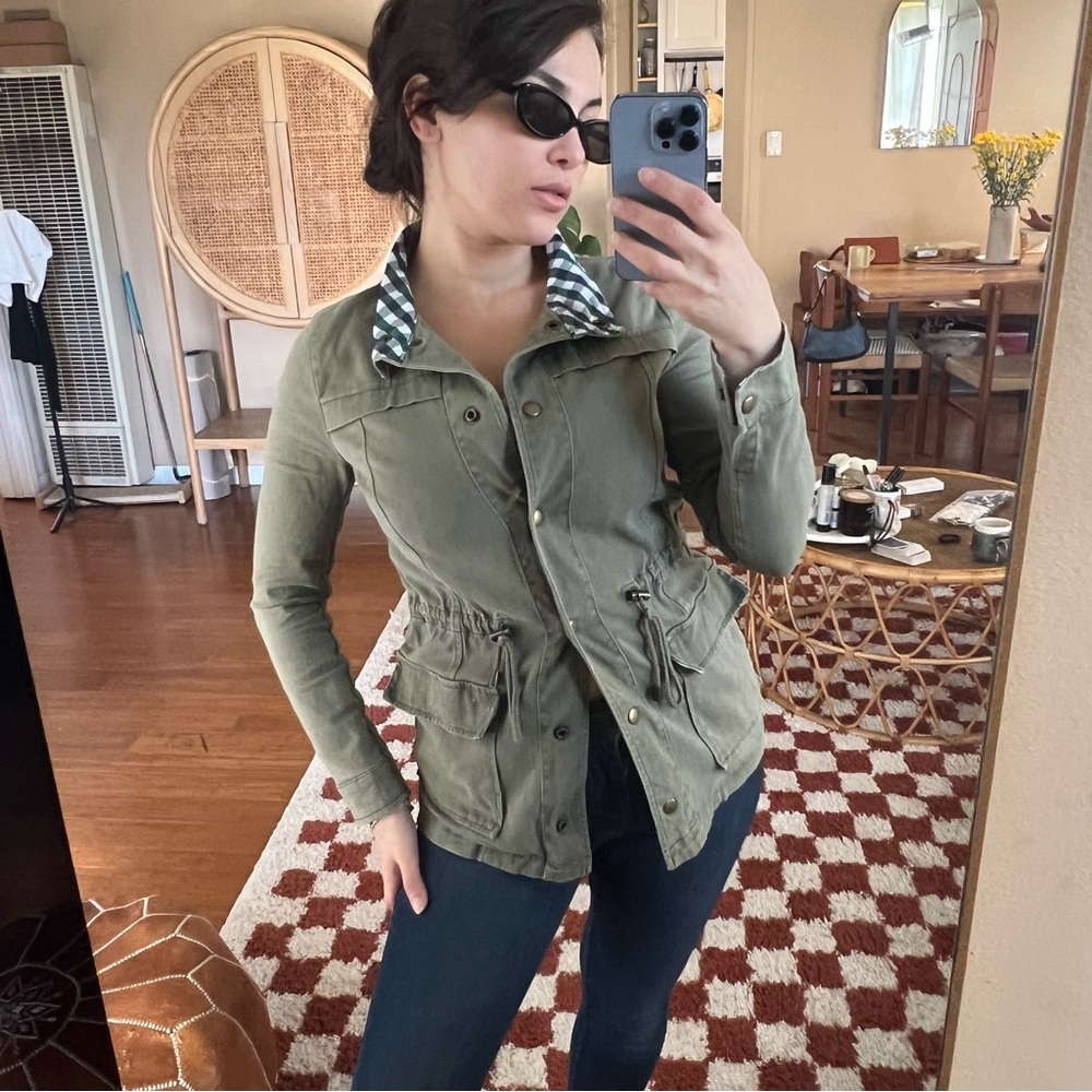 Lightweight Olive Utility Jacket With Gingham Col… - image 8